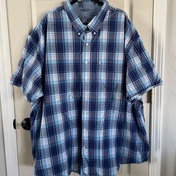 IZOD Saltwater 5X Relaxed Classic Blue Plaid Short Sleeve Button Up Shirt - Picture 3 of 15
